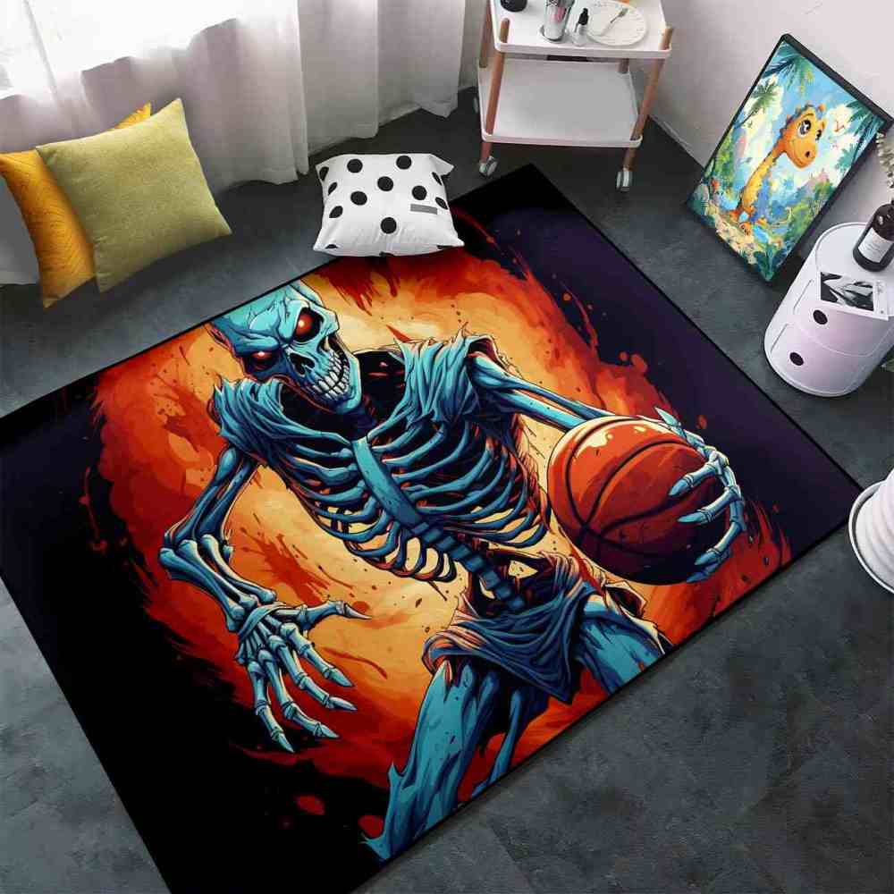Edgy Skeleton Basketball Area Rug Teen Gamer Room Decor | CozyLil