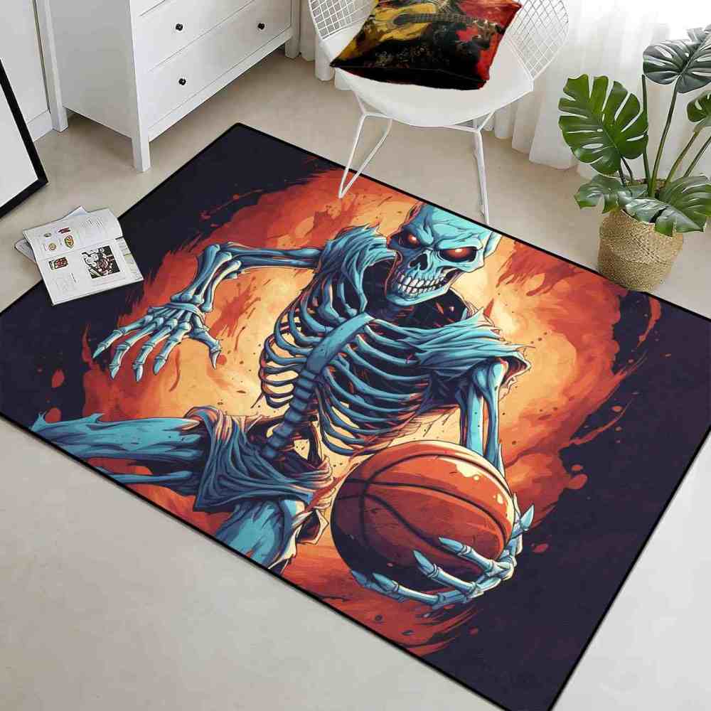 Edgy Skeleton Basketball Area Rug Teen Gamer Room Decor | CozyLil