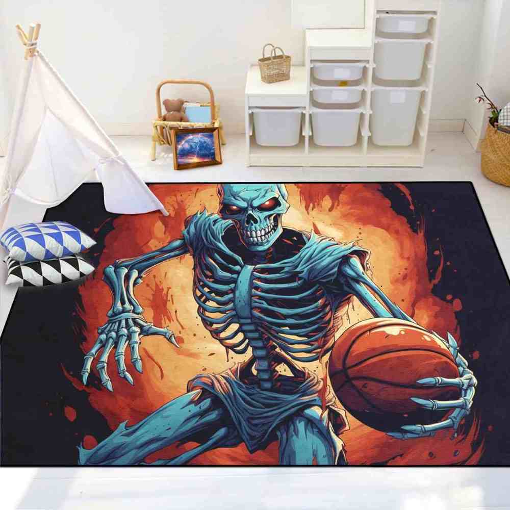 Edgy Skeleton Basketball Area Rug Teen Gamer Room Decor | CozyLil