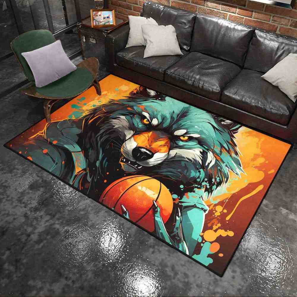 Artistic Wolf Basketball Area Rug Boys Bedroom Mat | CozyLil