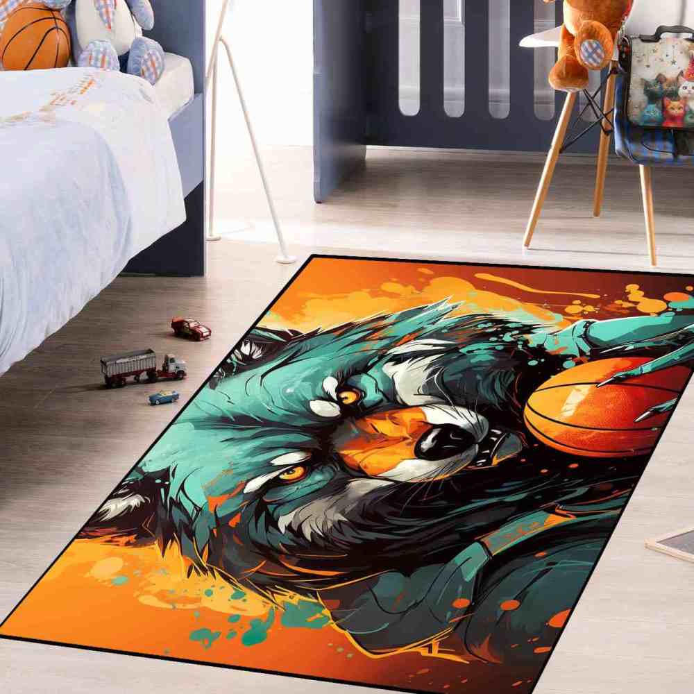 Artistic Wolf Basketball Area Rug Boys Bedroom Mat | CozyLil