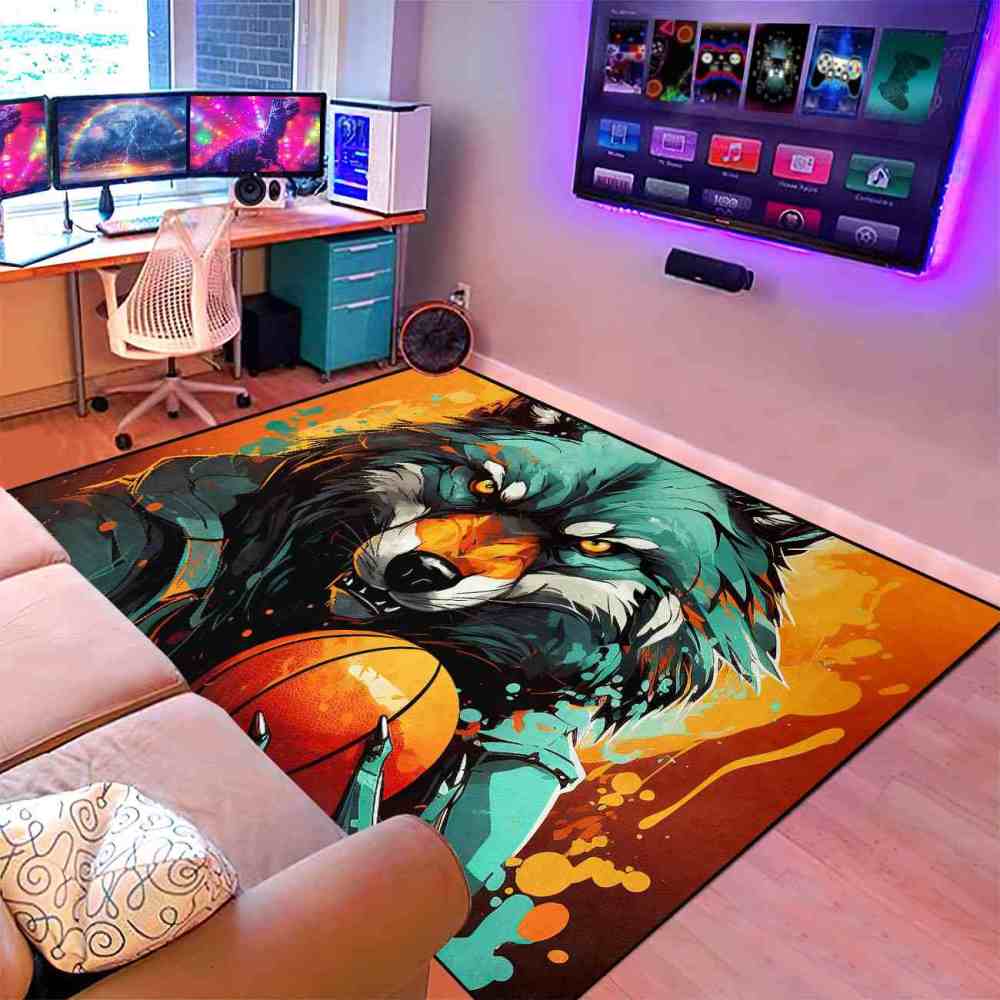 Artistic Wolf Basketball Area Rug Boys Bedroom Mat | CozyLil