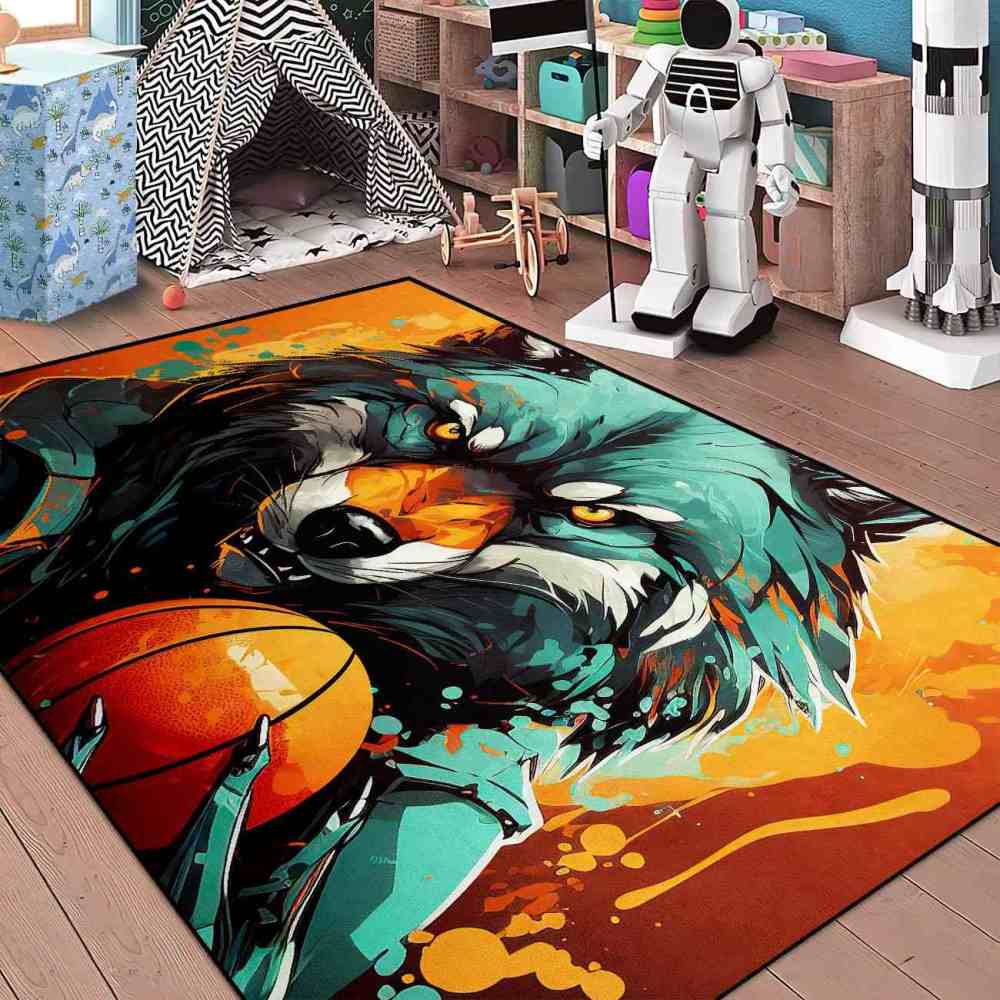Artistic Wolf Basketball Area Rug Boys Bedroom Mat | CozyLil