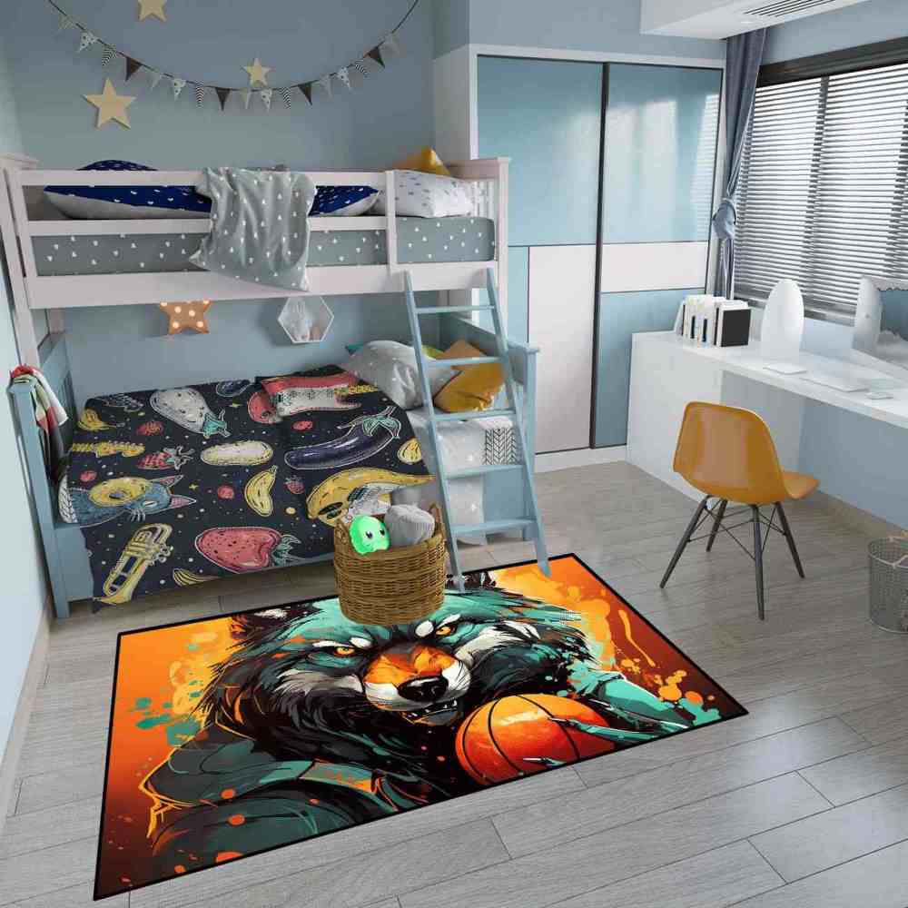 Artistic Wolf Basketball Area Rug Boys Bedroom Mat | CozyLil