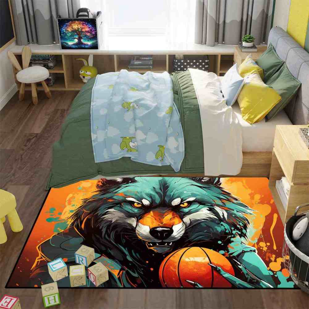 Artistic Wolf Basketball Area Rug Boys Bedroom Mat | CozyLil