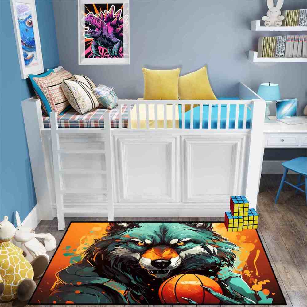 Artistic Wolf Basketball Area Rug Boys Bedroom Mat | CozyLil