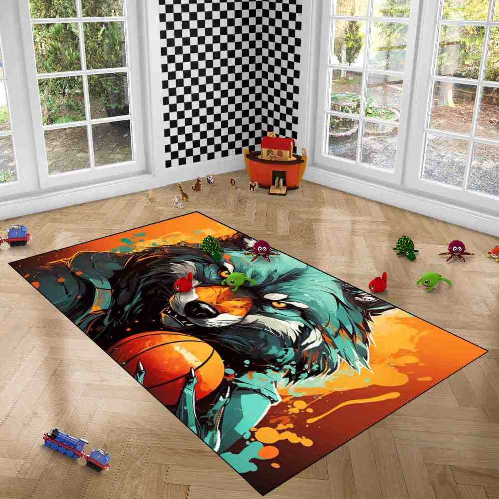 Artistic Wolf Basketball Area Rug Boys Bedroom Mat | CozyLil