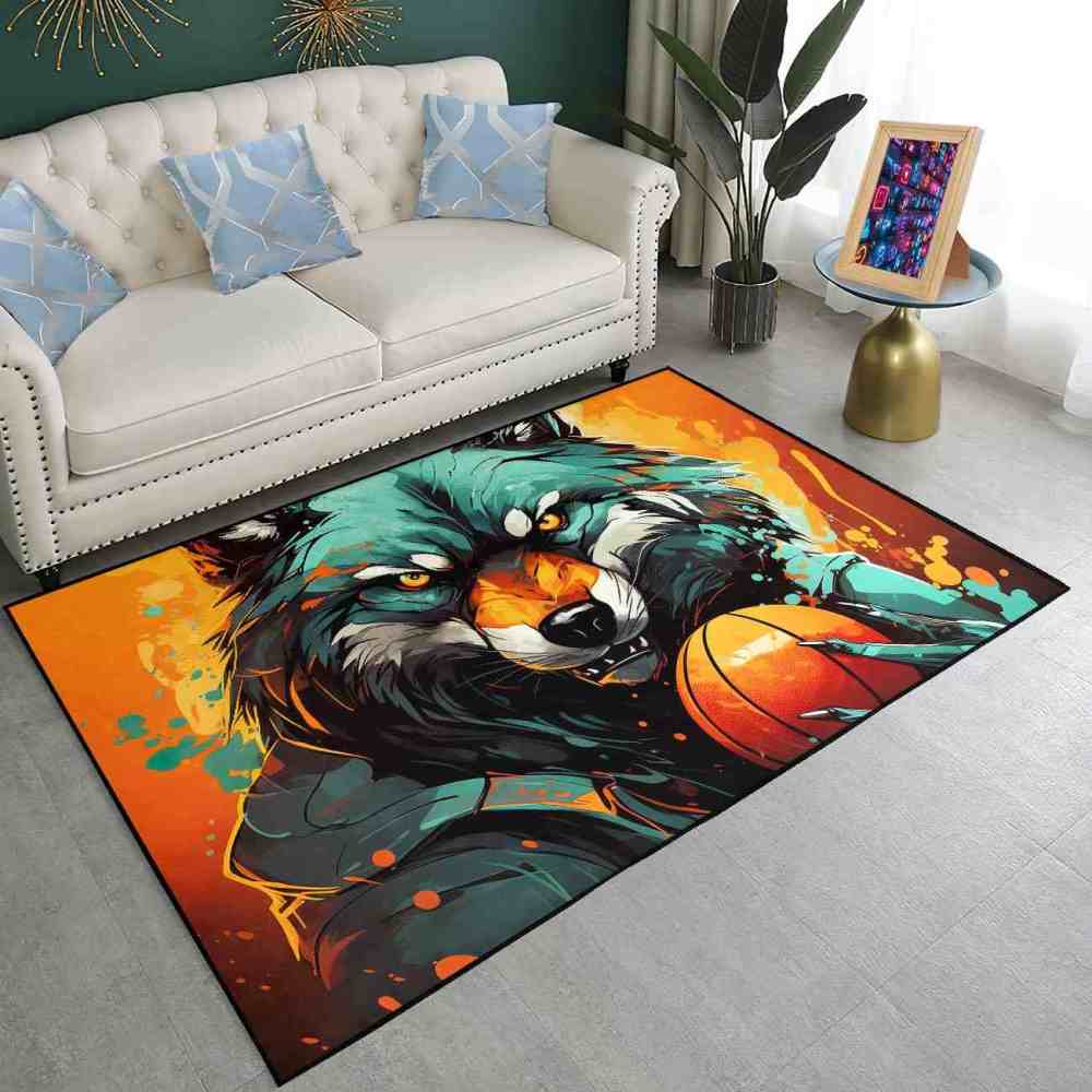 Artistic Wolf Basketball Area Rug Boys Bedroom Mat | CozyLil