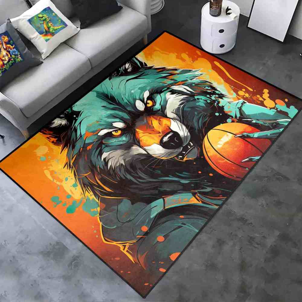 Artistic Wolf Basketball Area Rug Boys Bedroom Mat | CozyLil