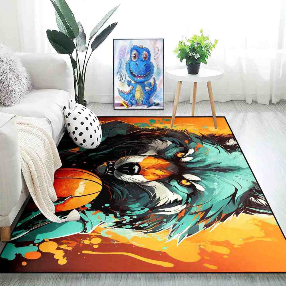 Artistic Wolf Basketball Area Rug Boys Bedroom Mat | CozyLil