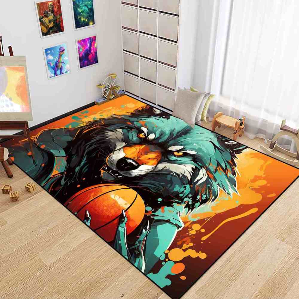 Artistic Wolf Basketball Area Rug Boys Bedroom Mat | CozyLil