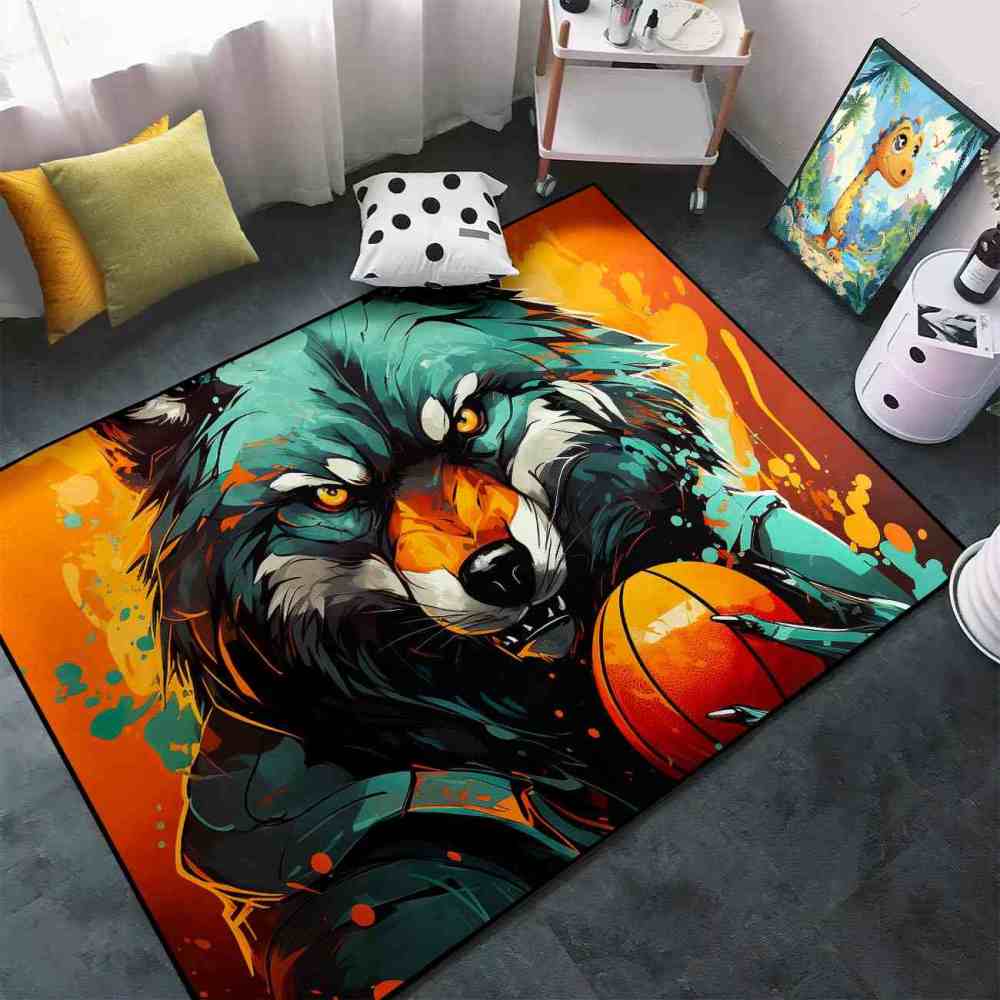 Artistic Wolf Basketball Area Rug Boys Bedroom Mat | CozyLil
