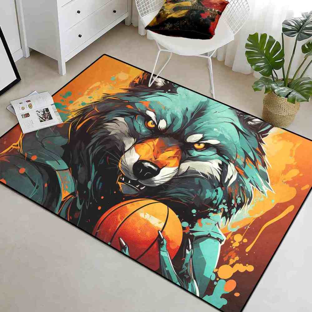 Artistic Wolf Basketball Area Rug Boys Bedroom Mat | CozyLil