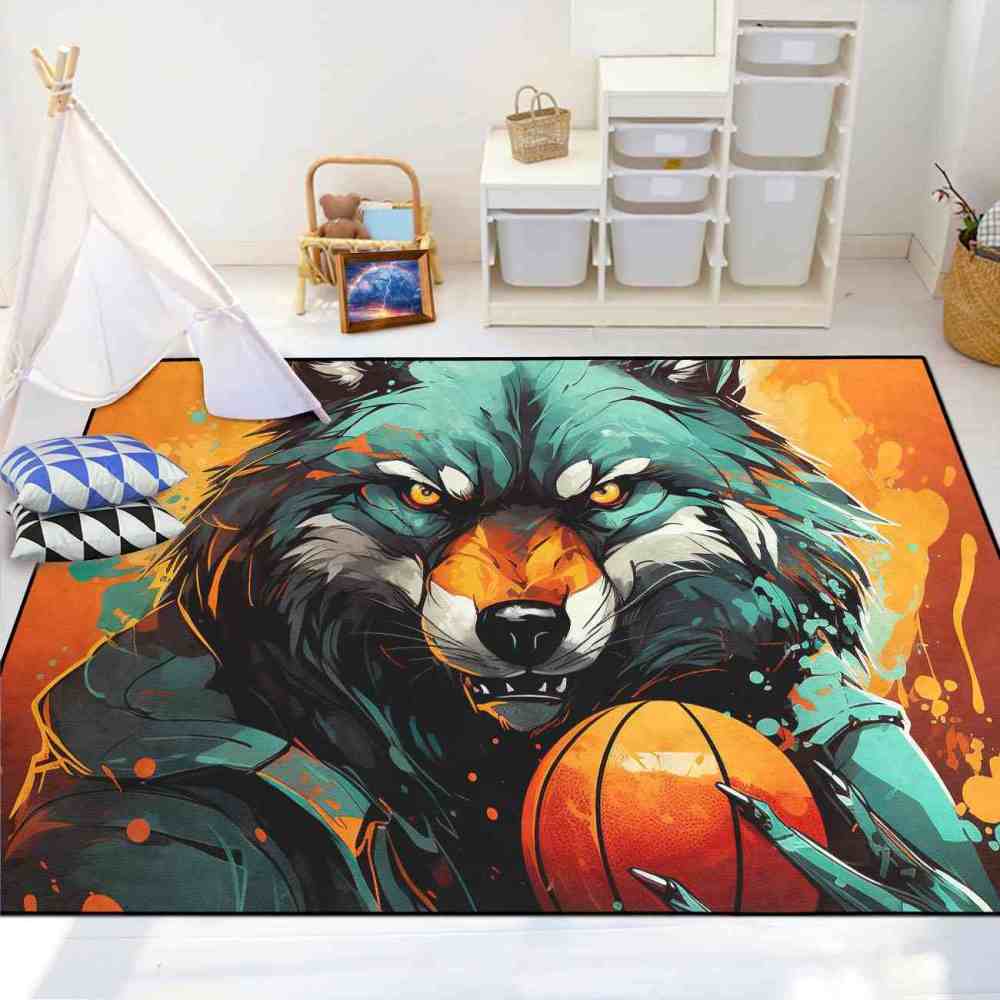 Artistic Wolf Basketball Area Rug Boys Bedroom Mat | CozyLil