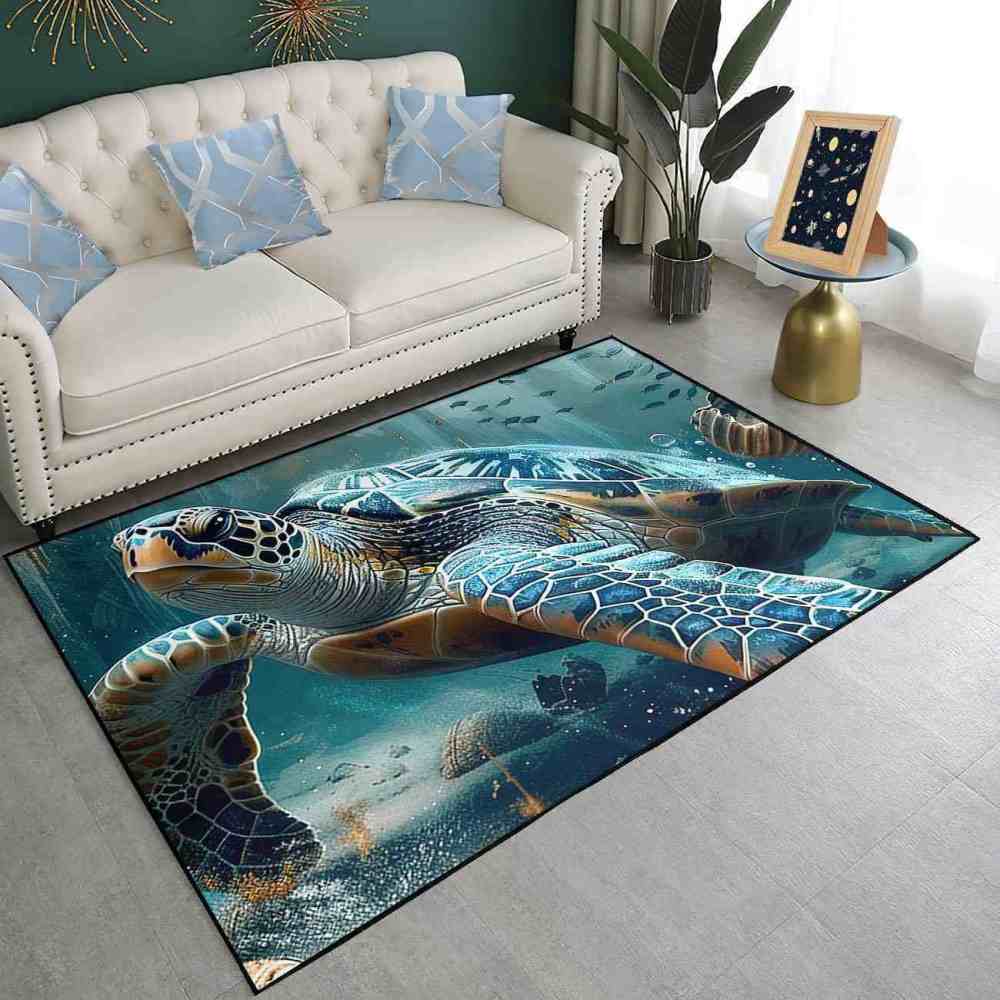 Realistic Ocean Sea Turtle Area Rug Underwater Coastal Decor | CozyLil