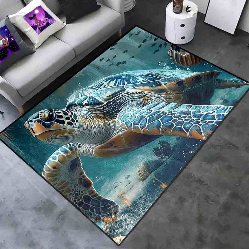 Realistic Ocean Sea Turtle Area Rug Underwater Coastal Decor | CozyLil