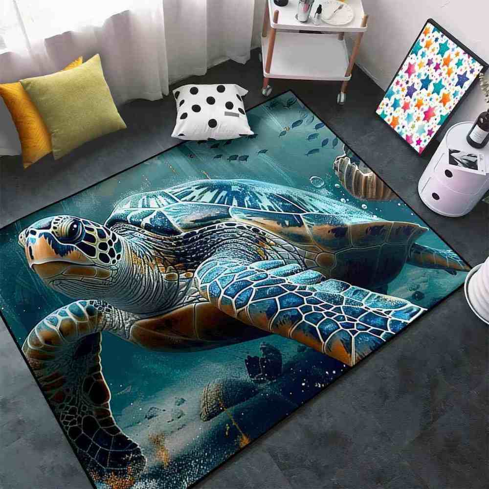Realistic Ocean Sea Turtle Area Rug Underwater Coastal Decor | CozyLil