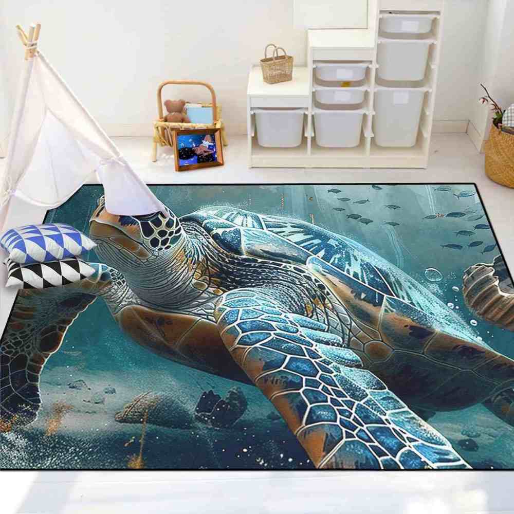 Realistic Ocean Sea Turtle Area Rug Underwater Coastal Decor | CozyLil