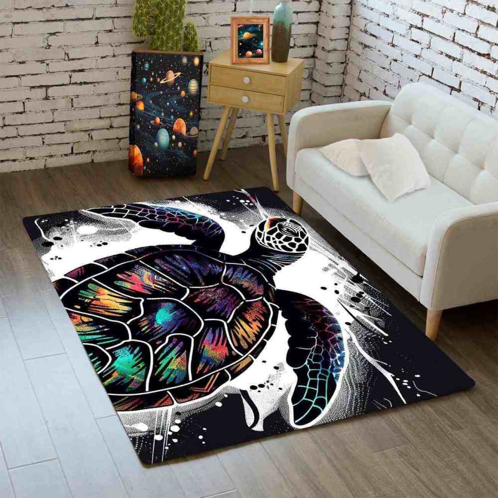 Cosmic Silhouette Sea Turtle Area Rug Dark Aesthetic Gamer Room | CozyLil