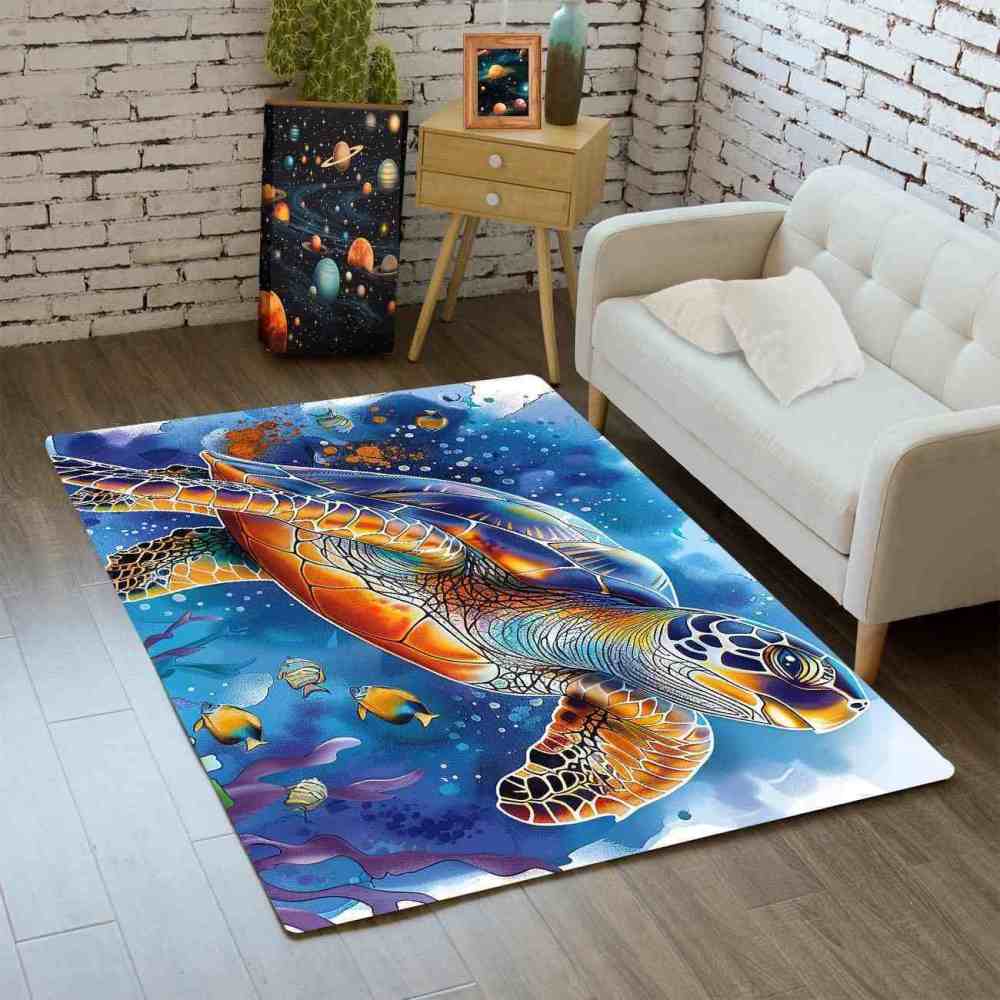 Watercolor Sea Turtle Ocean Area Rug Coastal Room Decor | CozyLil