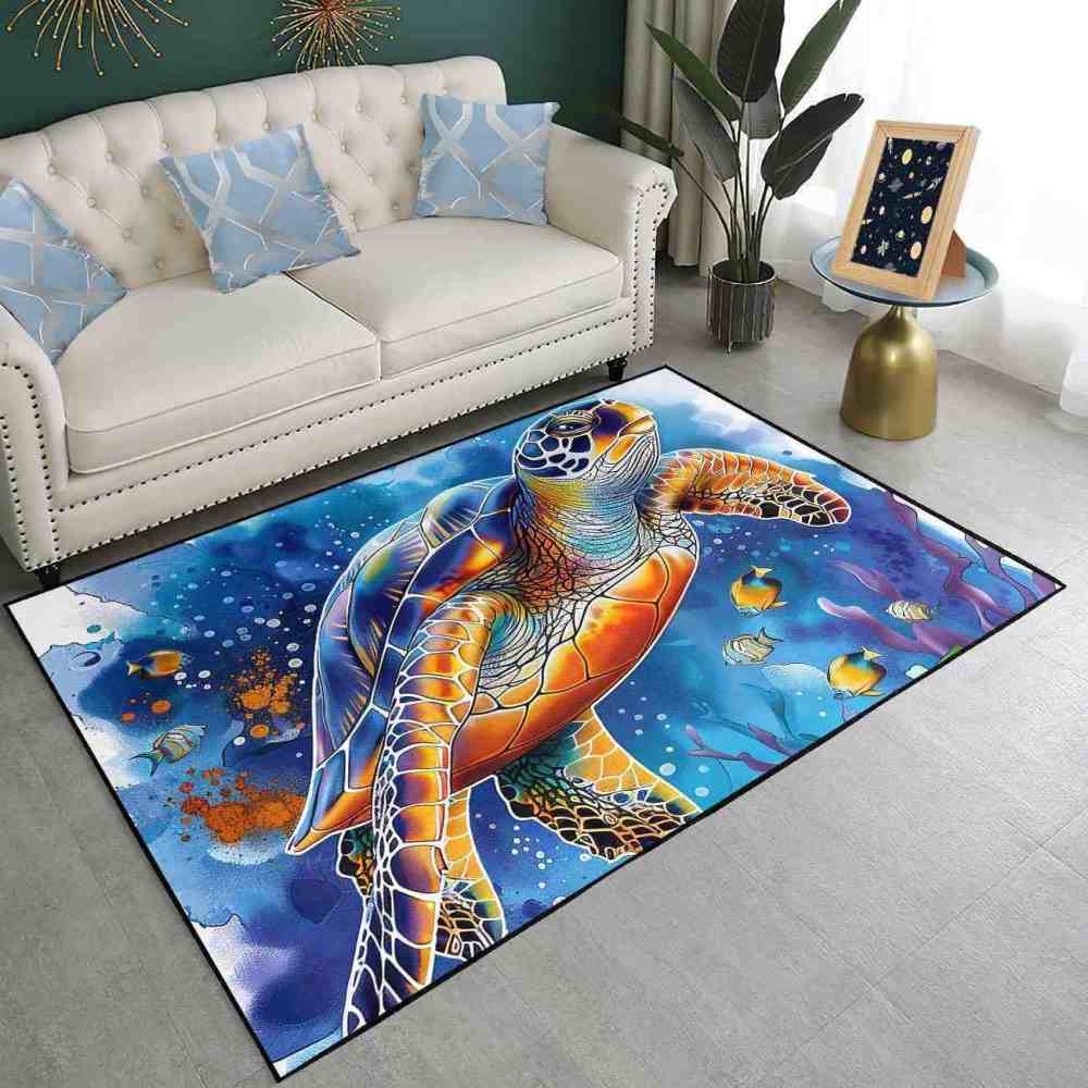 Watercolor Sea Turtle Ocean Area Rug Coastal Room Decor | CozyLil