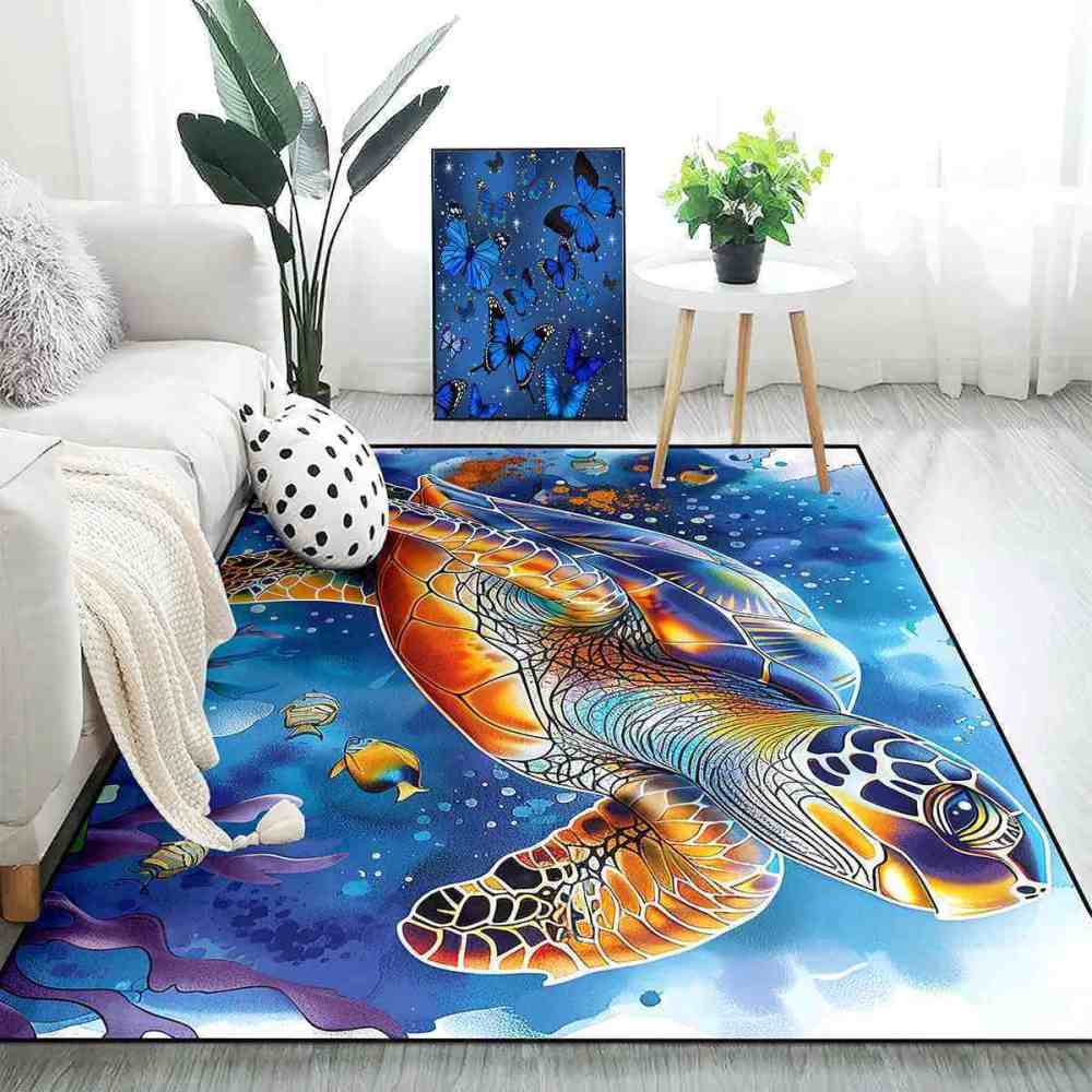 Watercolor Sea Turtle Ocean Area Rug Coastal Room Decor | CozyLil