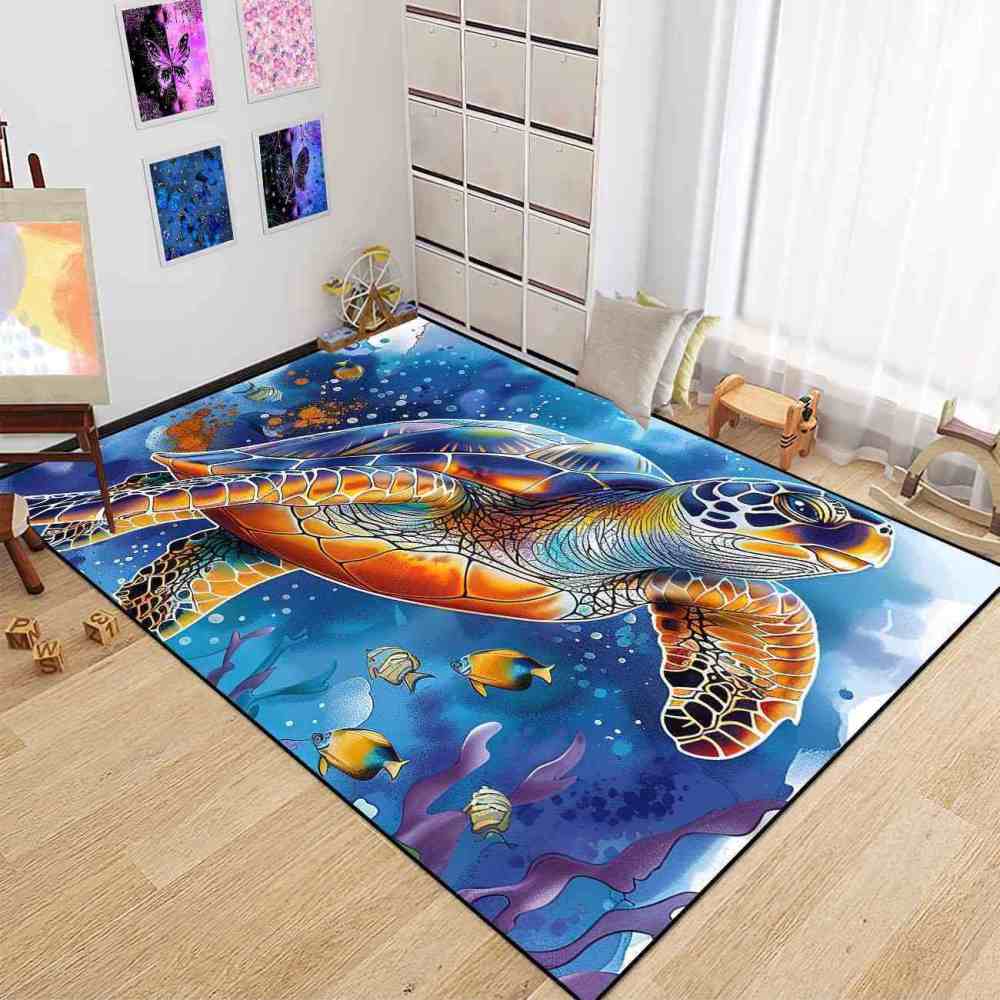 Watercolor Sea Turtle Ocean Area Rug Coastal Room Decor | CozyLil