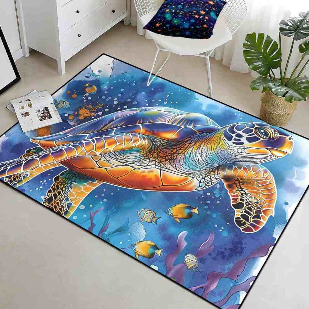 Watercolor Sea Turtle Ocean Area Rug Coastal Room Decor | CozyLil