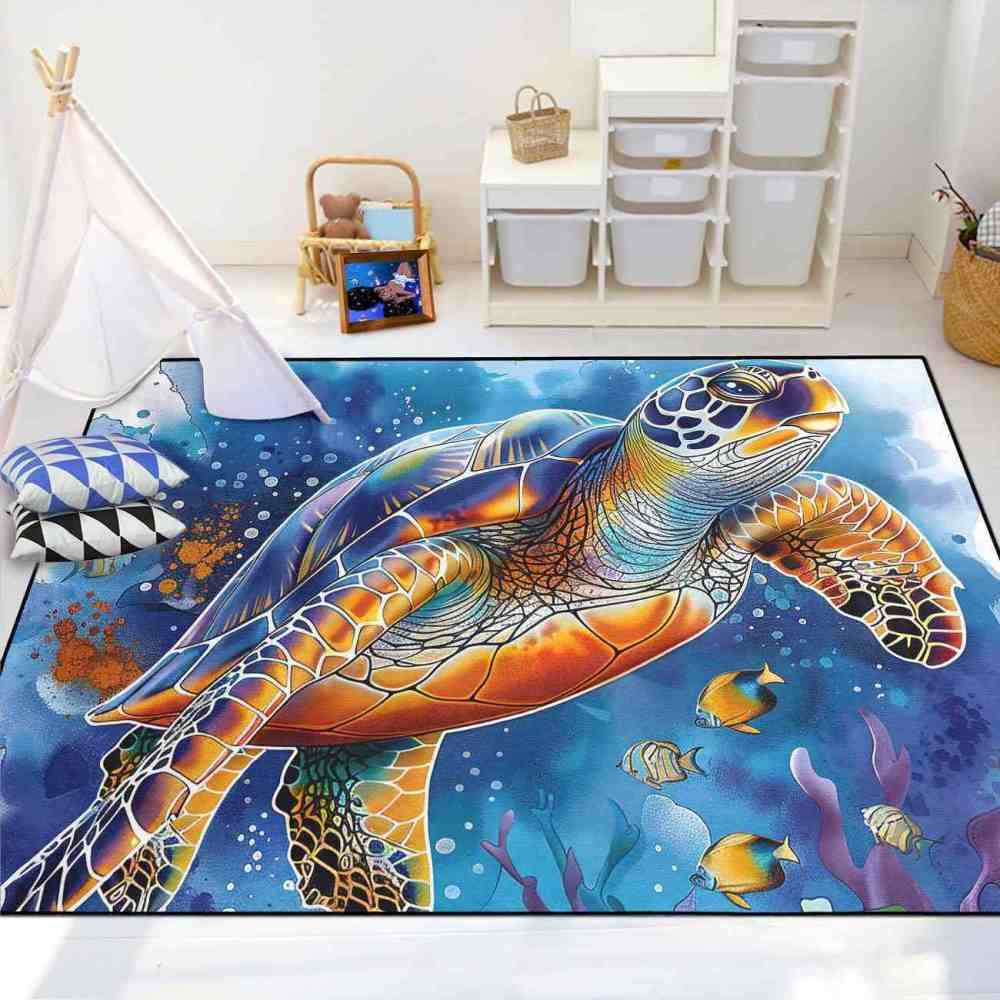 Watercolor Sea Turtle Ocean Area Rug Coastal Room Decor | CozyLil