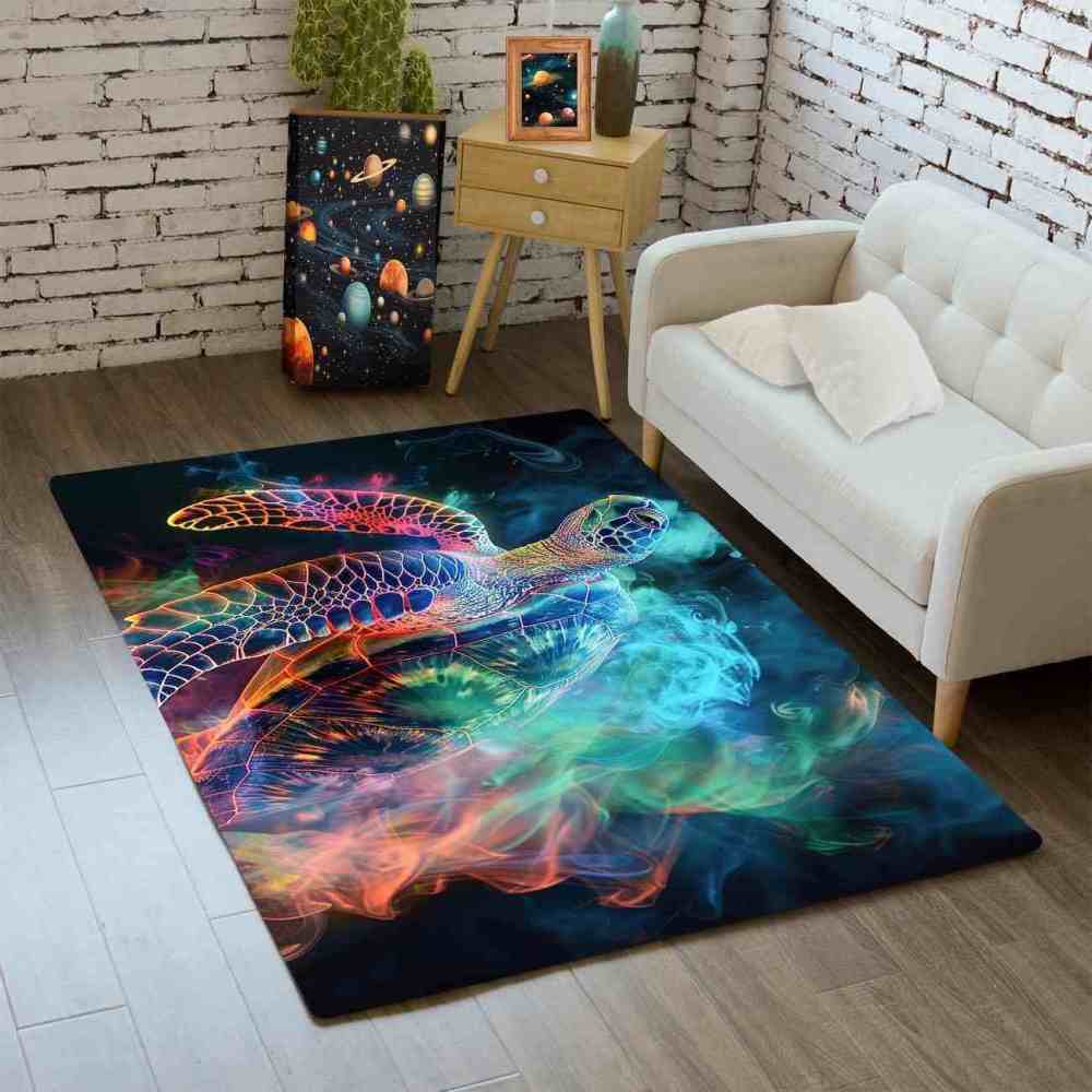 Rainbow Ethereal Sea Turtle Area Rug Creative Room Decor | CozyLil