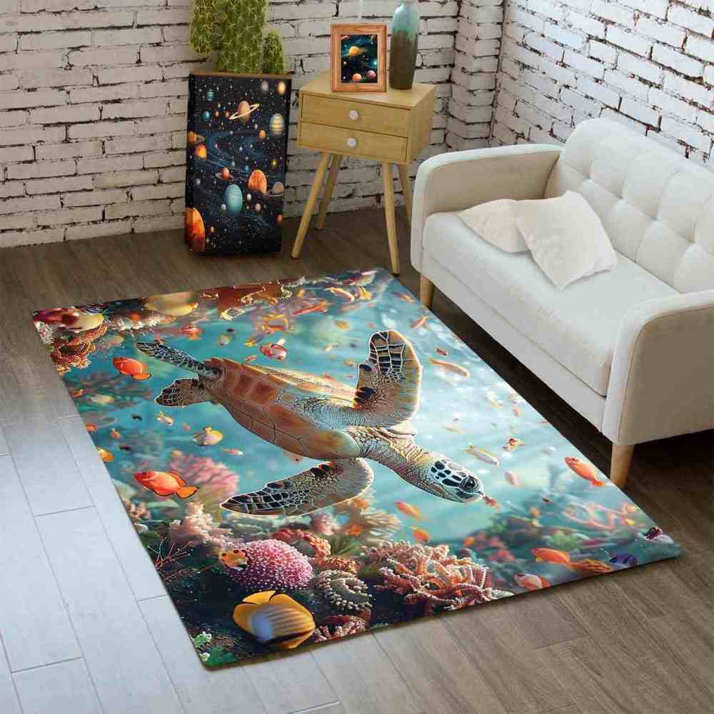 Tropical Coral Reef Sea Turtle Ocean Area Rug Living Room Decor | CozyLil