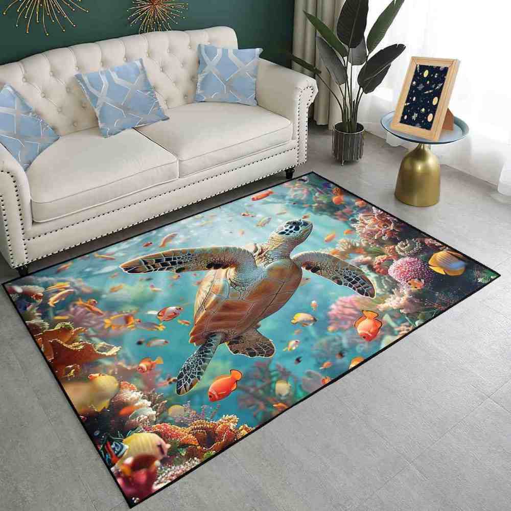 Tropical Coral Reef Sea Turtle Ocean Area Rug Living Room Decor | CozyLil