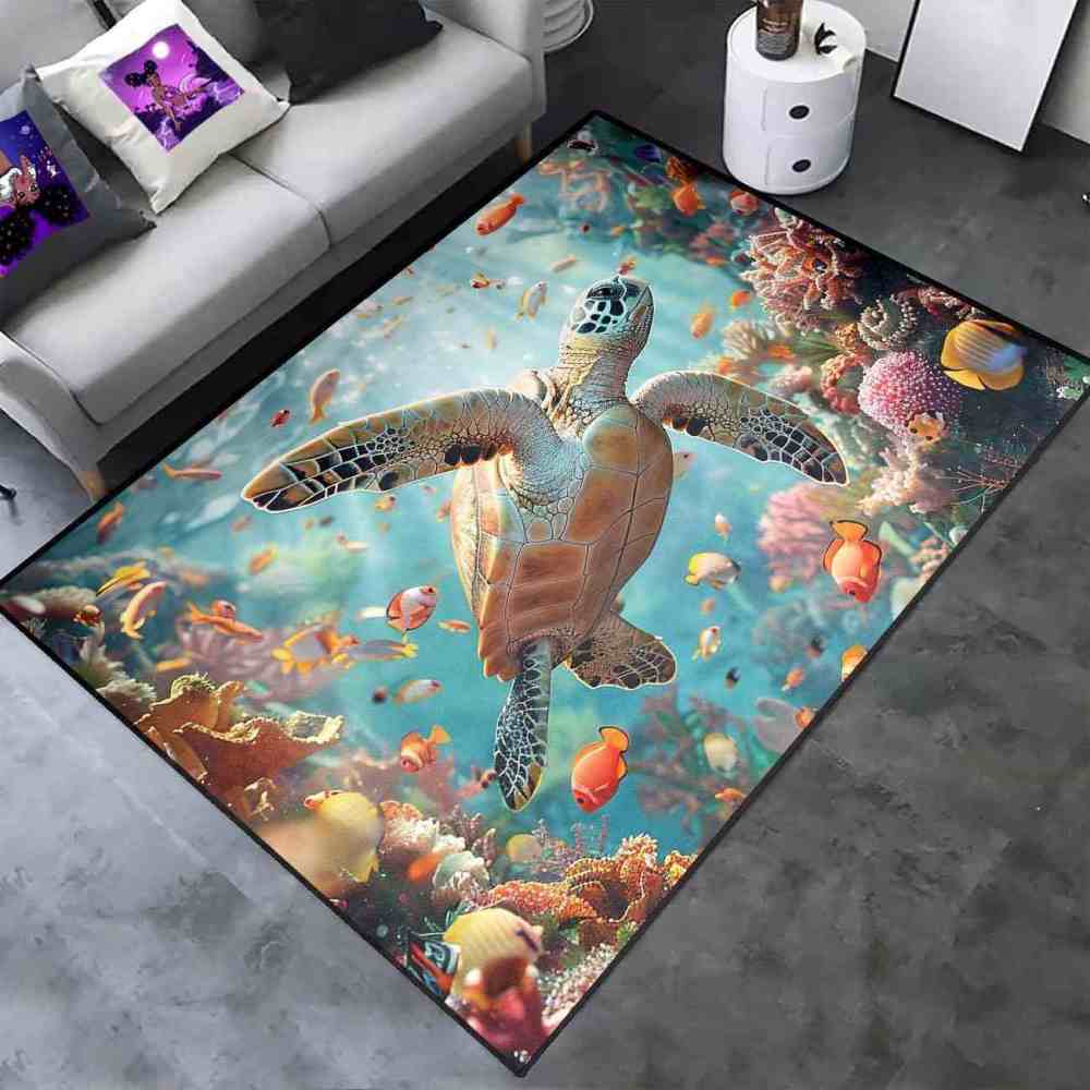 Tropical Coral Reef Sea Turtle Ocean Area Rug Living Room Decor | CozyLil