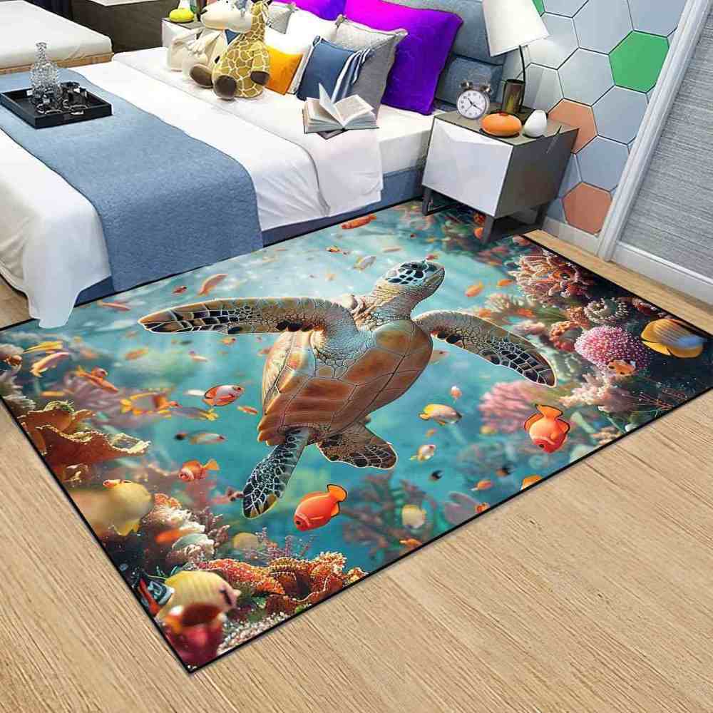 Tropical Coral Reef Sea Turtle Ocean Area Rug Living Room Decor | CozyLil