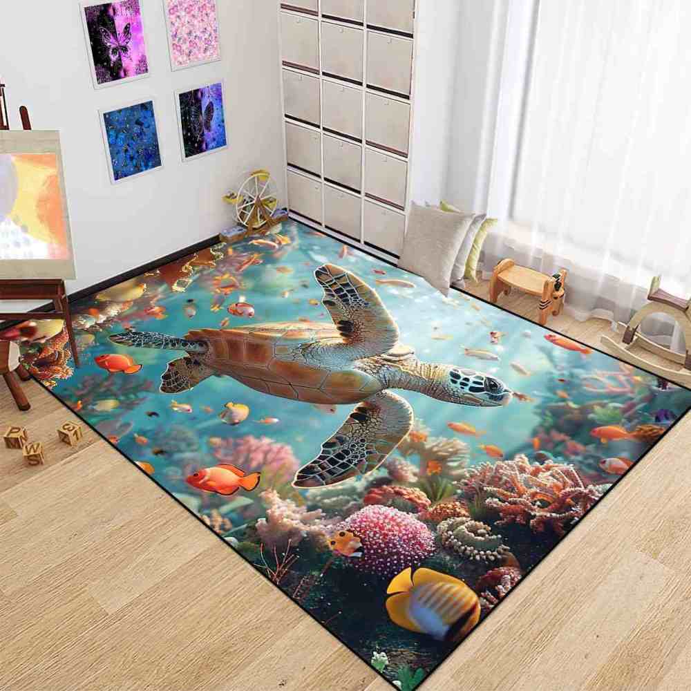 Tropical Coral Reef Sea Turtle Ocean Area Rug Living Room Decor | CozyLil