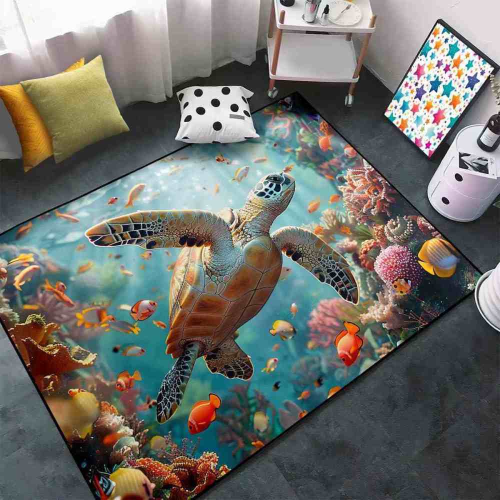Tropical Coral Reef Sea Turtle Ocean Area Rug Living Room Decor | CozyLil