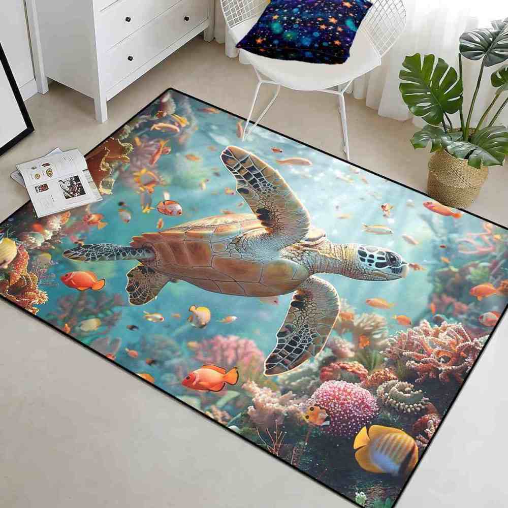 Tropical Coral Reef Sea Turtle Ocean Area Rug Living Room Decor | CozyLil