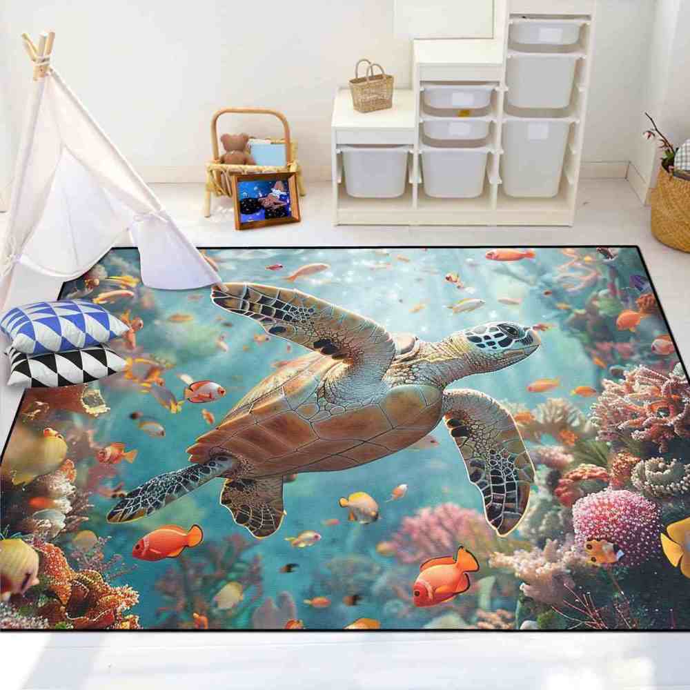Tropical Coral Reef Sea Turtle Ocean Area Rug Living Room Decor | CozyLil