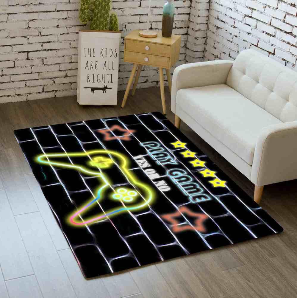 Vibrant Line Art Brick Wall Gamepad Printed Area Rug Boys Room | CozyLil
