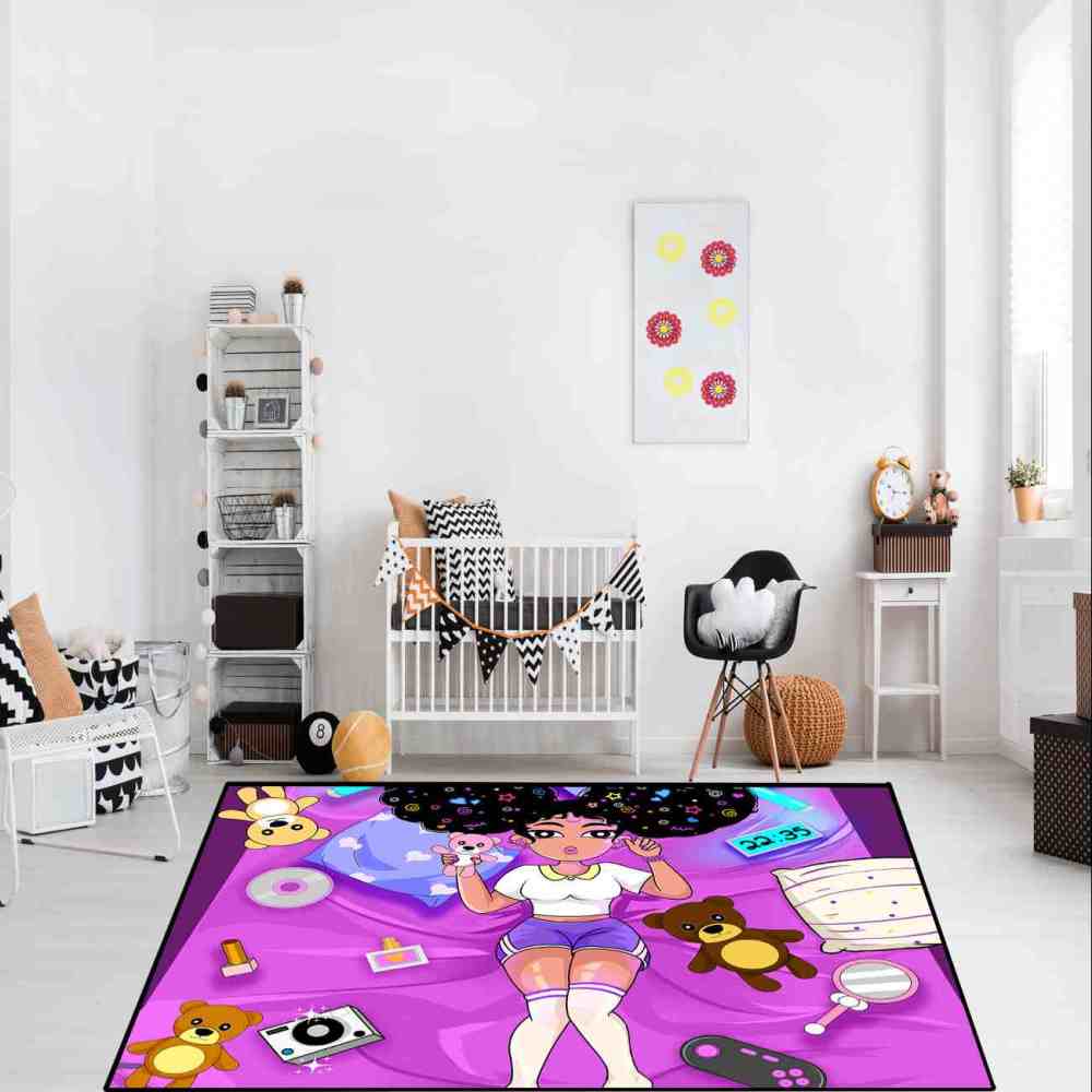 Gamer Girl Cosmic Hair Teddy Bear Play Mat Teen Room Area Rug | CozyLil