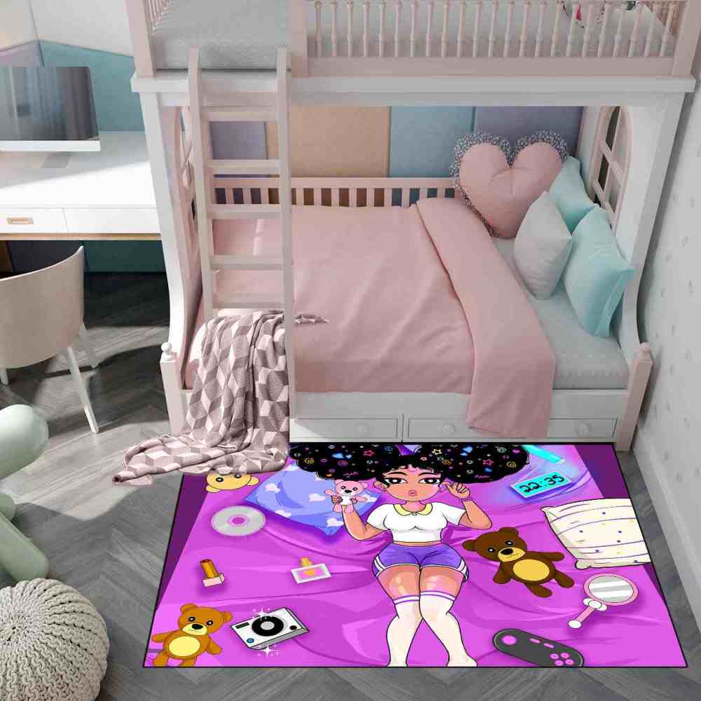 Gamer Girl Cosmic Hair Teddy Bear Play Mat Teen Room Area Rug | CozyLil