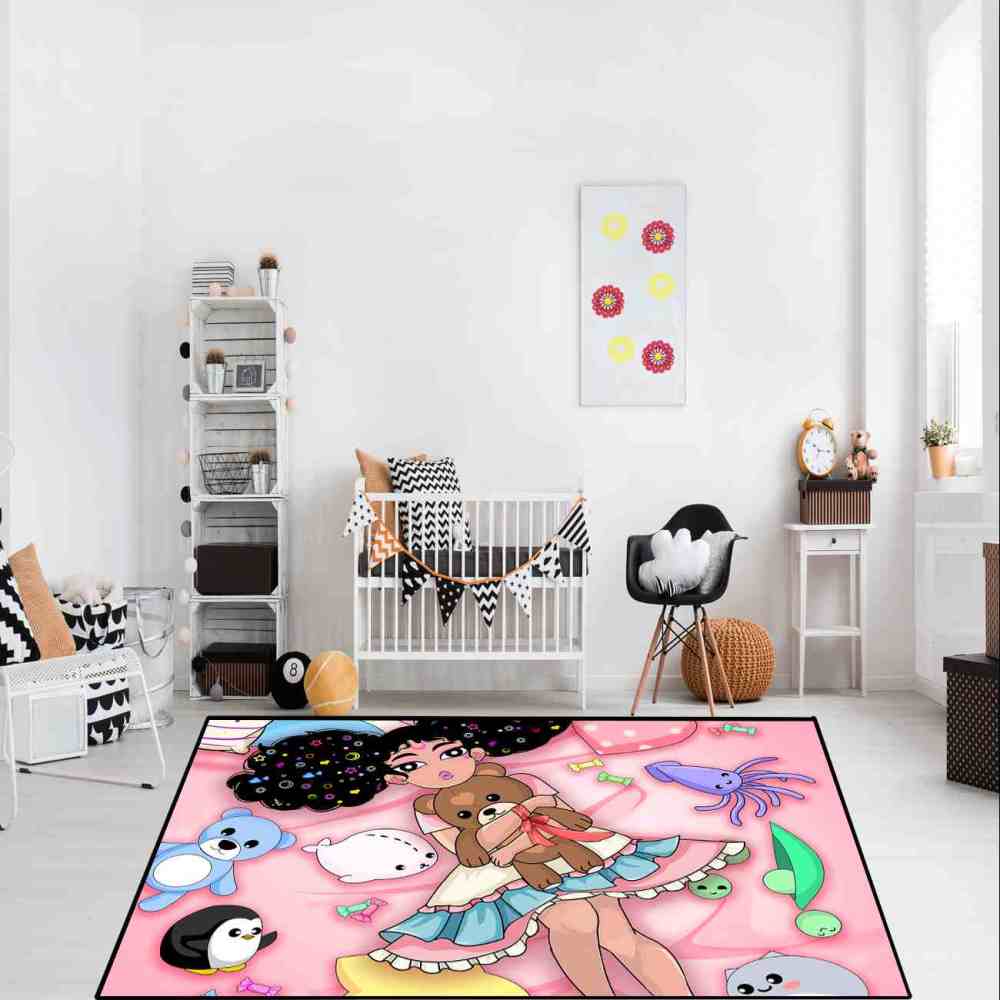Starry Hair Girl Ocean Plushies Play Mat Pink Nursery Area Rug | CozyLil