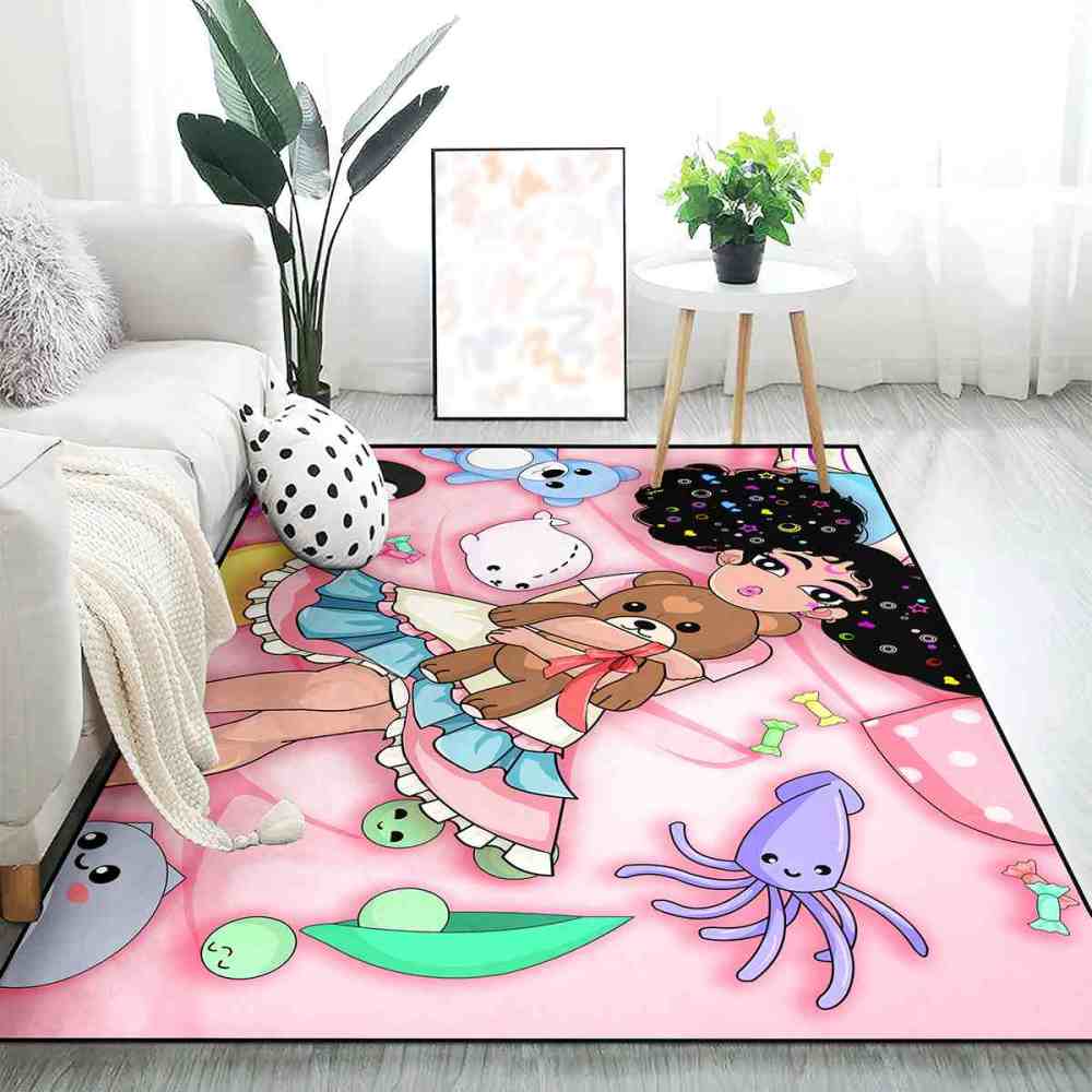 Starry Hair Girl Ocean Plushies Play Mat Pink Nursery Area Rug | CozyLil