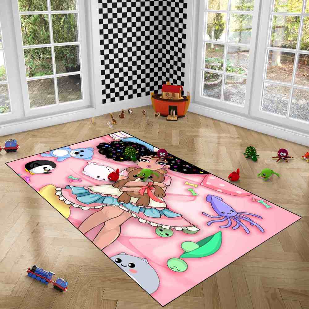 Starry Hair Girl Ocean Plushies Play Mat Pink Nursery Area Rug | CozyLil
