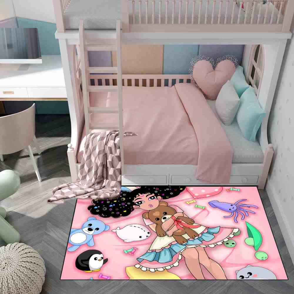 Starry Hair Girl Ocean Plushies Play Mat Pink Nursery Area Rug | CozyLil