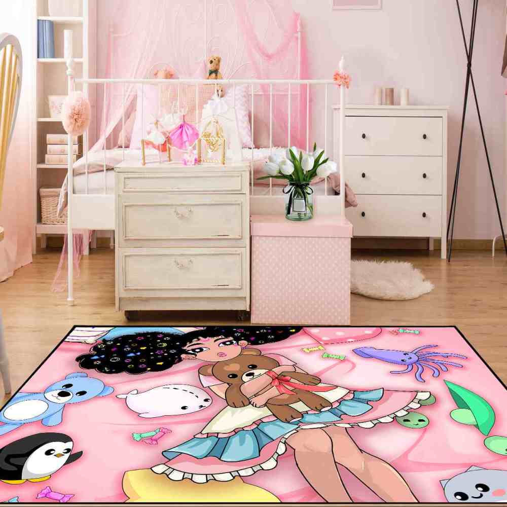 Starry Hair Girl Ocean Plushies Play Mat Pink Nursery Area Rug | CozyLil
