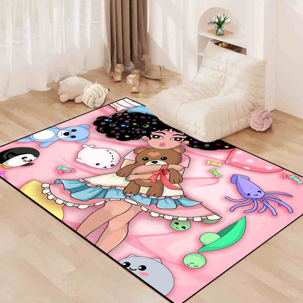 Starry Hair Girl Ocean Plushies Play Mat Pink Nursery Area Rug | CozyLil