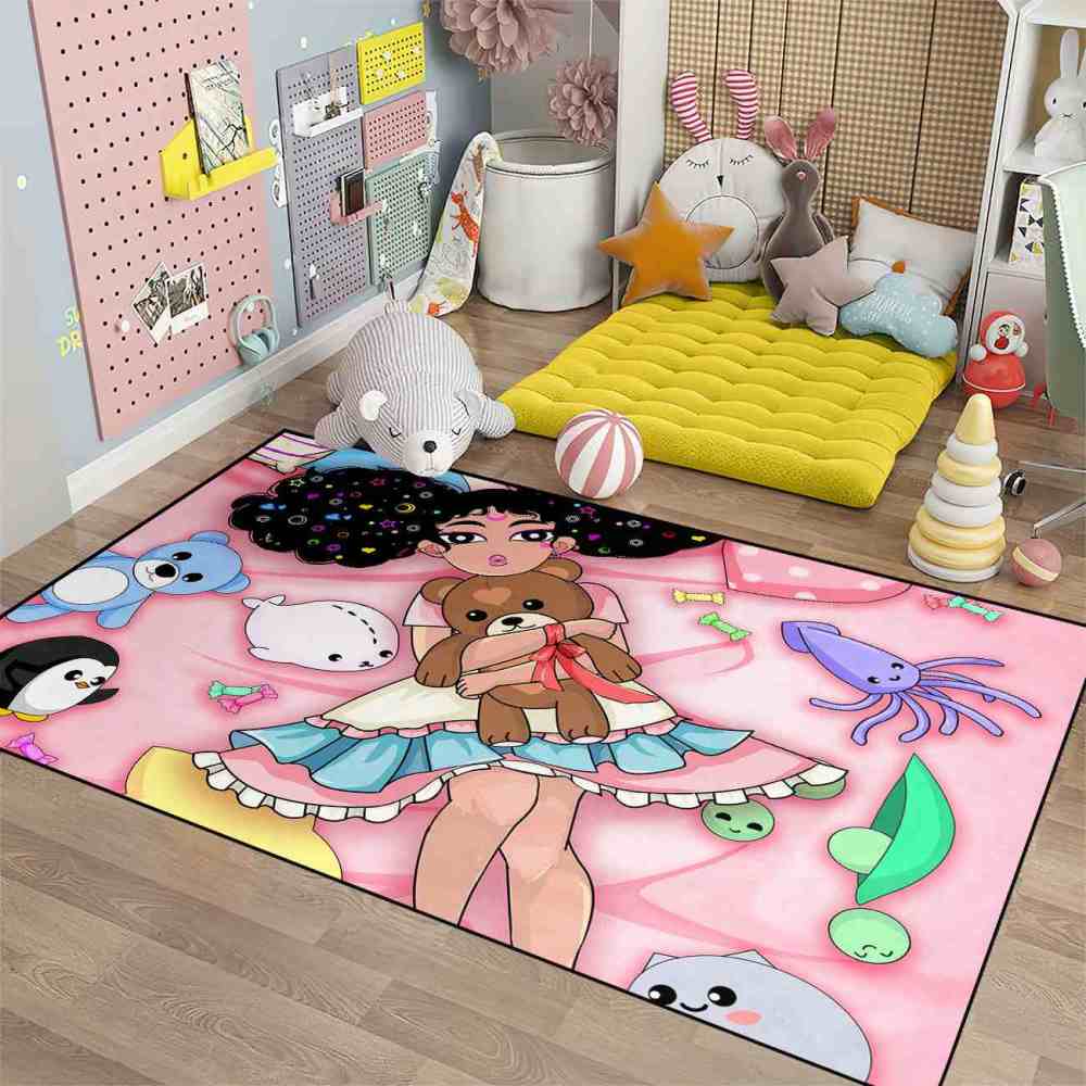 Starry Hair Girl Ocean Plushies Play Mat Pink Nursery Area Rug | CozyLil