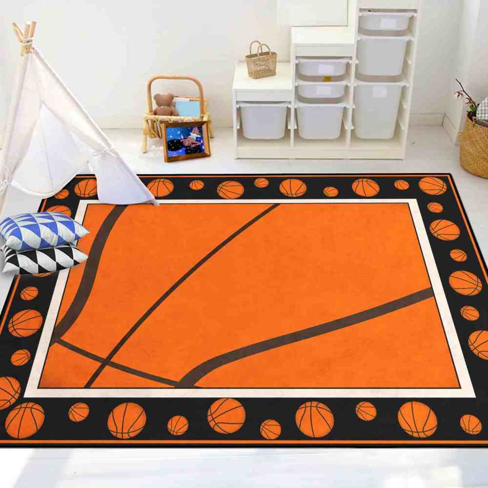 Classic Orange Basketball Border Area Rug Kids Playroom | CozyLil