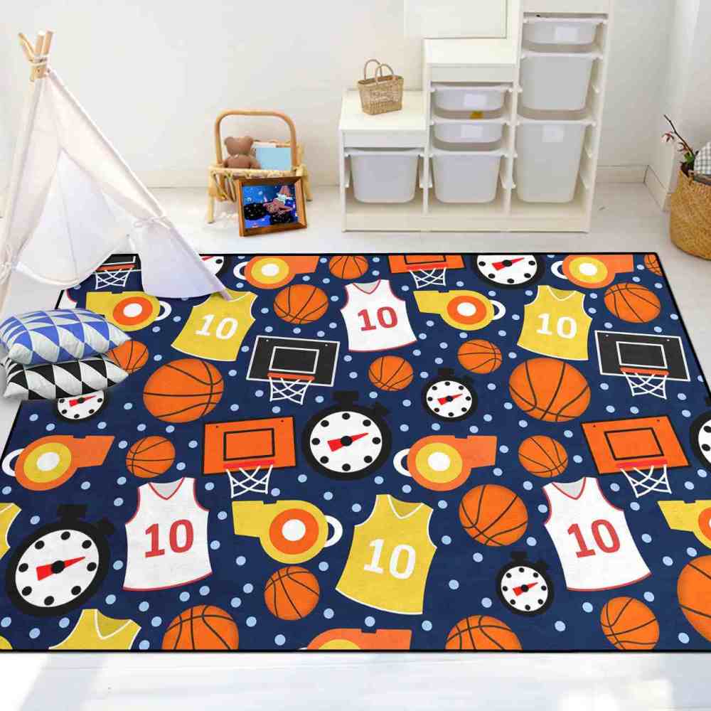 Blue Basketball Gear Pattern Area Rug Boys Nursery Mat | CozyLil